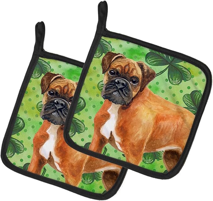 Caroline's Treasures BB9814PTHD German Boxer St Patrick's Pair of Pot Holders, Green Kitchen Heat Resistant Pot Holders Sets Oven Hot Pads for Cooking Baking BBQ, 7 1/2 x 7 1/2