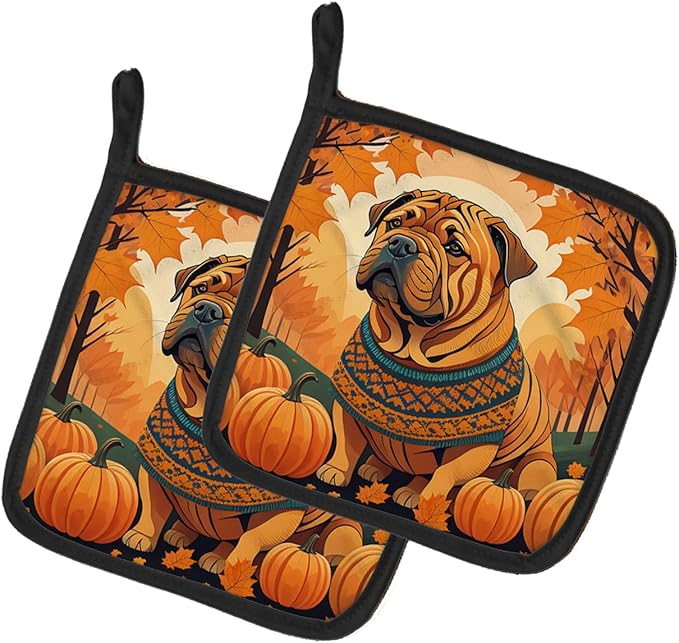 Caroline's Treasures DAC1070PTHD Shar Pei Fall Pair of Pot Holders Kitchen Heat Resistant Pot Holders Sets Oven Hot Pads for Cooking Baking BBQ, 7 1/2 x 7 1/2