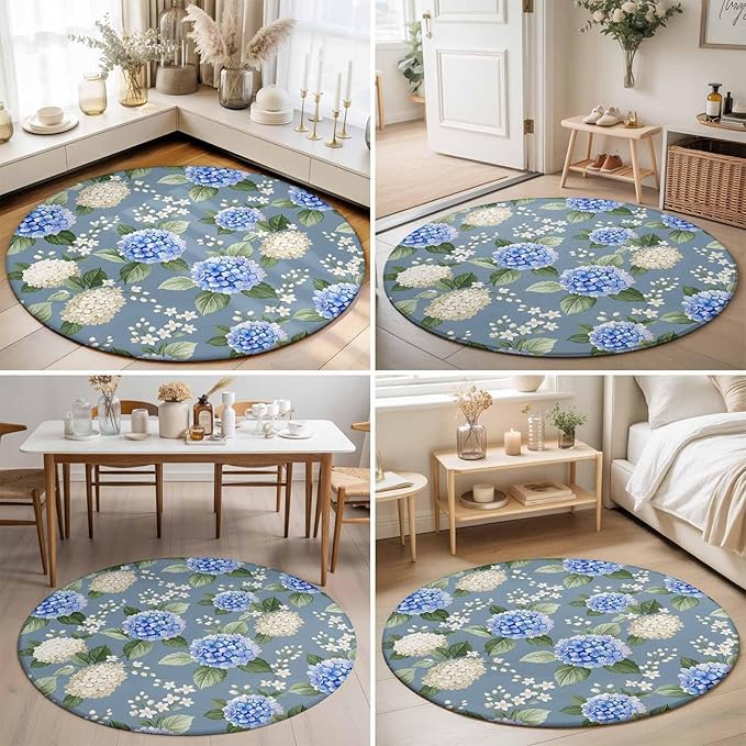 Washable Round Area Rug Watercolor Purple White Hydrangea Circle Rugs Floor Carpet for Living Room Bedroom, Spring Flower on Gray Blue Soft Non Slip Round Rug 3ft