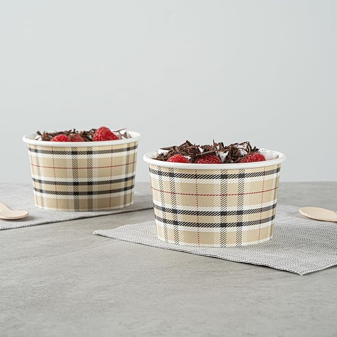 Restaurantware Coppetta 12 Ounce Dessert Cups, 50 Disposable Ice Cream Cups - Lids Sold Separately, Sturdy, Plaid Paper FroYo Bowls, For Hot And Cold Foods, Perfect For Gelato Or Mousse