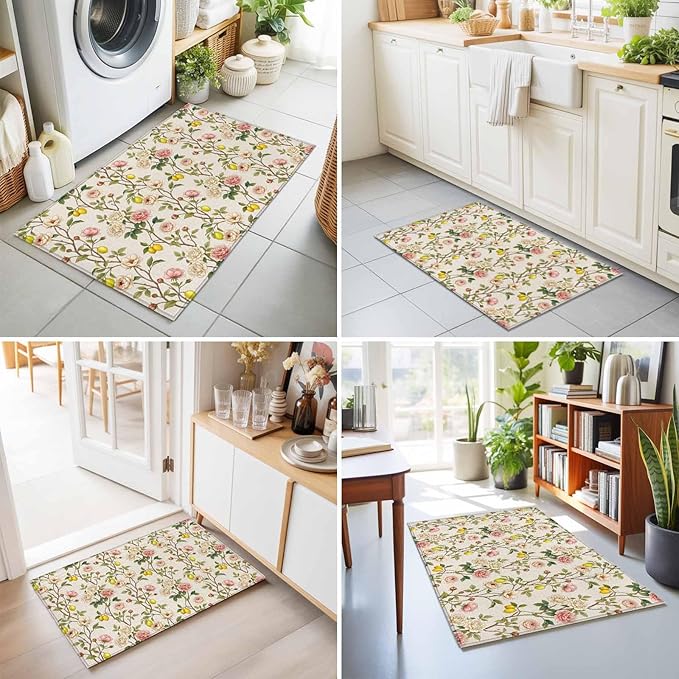 Area Rug 2x3ft, Farmhouse Blossom Flower Leaf Lemon Washable Rugs for Living Room Bedroom, Summer Retro Floral Fruit Soft Non-Slip Area Rugs Rectangle Floor Carpet for Dining Room