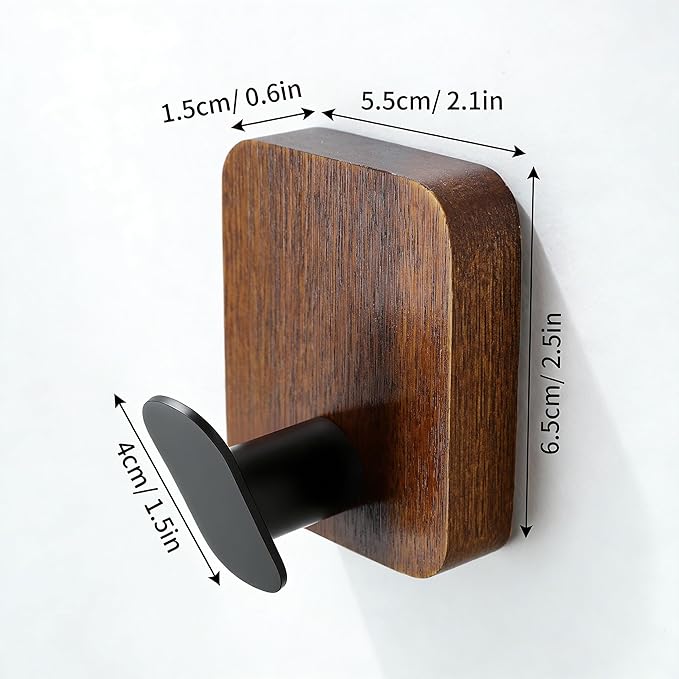DELITON Wooden Wall Hooks, 4 Pack Acacia Adhesive Towel Hooks Sticky on Bathrooms, Kitchen, Entryway, Heavy Duty, Wall Decor