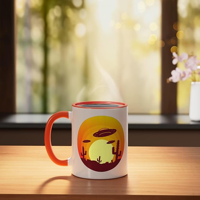 UFO Alien Abduction Conspiracy Vintage Nevada Desert Sunset Ceramic Mug, Orange/White