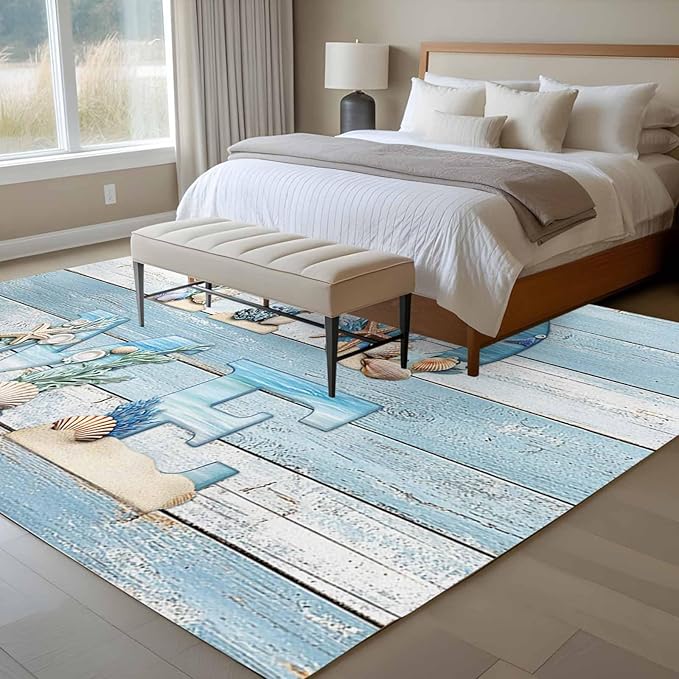 Area Rug 6x9ft, Summer Ocean Beach Shell Home Quote Washable Rugs for Living Room Bedroom, Farm Blue Wood Board Soft Non-Slip Area Rugs Rectangle Floor Carpet for Dining Room