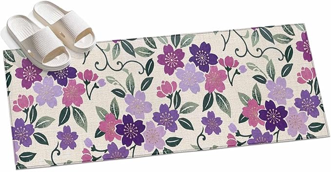 Runner Rug for Bedroom Hallway, Watercolor Country Flowers Kitchen Runner Rugs Area Rug 2x6ft, Plum Blossoms on Linen Washable Soft Floor Carpet for Entryway Stair