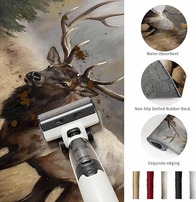 Area Rug 3x5ft, Brown Animals Elk Washable Rugs for Living Room Bedroom, Retro Forest Landscape Soft Non-Slip Area Rugs Rectangle Floor Carpet for Dining Room