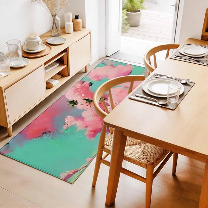 Runner Rug for Bedroom Hallway, Summer Dreamy Pink Cloud Kitchen Runner Rugs Area Rug 2x6ft, Watercolor Tropical Palm Tree Washable Soft Floor Carpet for Entryway Stair