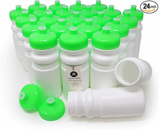 Rolling Sands Reusable Bulk Water Bottles 24 Pack - 20 Oz Sports Water Bottles, USA Made, BPA-Free, Wide Mouth for Easy Cleaning, Dishwasher Safe, Break Resistant - White Bottle/Neon Lime Green Lid