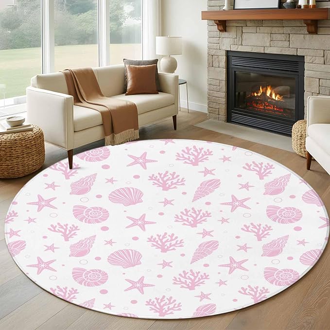 Washable Round Area Rug Pink Ocean Shell Conch Coral Starfish Circle Rugs Floor Carpet for Living Room Bedroom, Summer Marine Theme Soft Non Slip Round Rug 5ft
