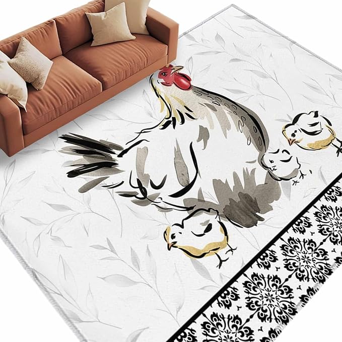 Area Rug 6x9ft, Country Farmhouse Rooster Washable Rugs for Living Room Bedroom, Watercolor Animal Flower Pattern Soft Non-Slip Area Rugs Rectangle Floor Carpet for Dining Room