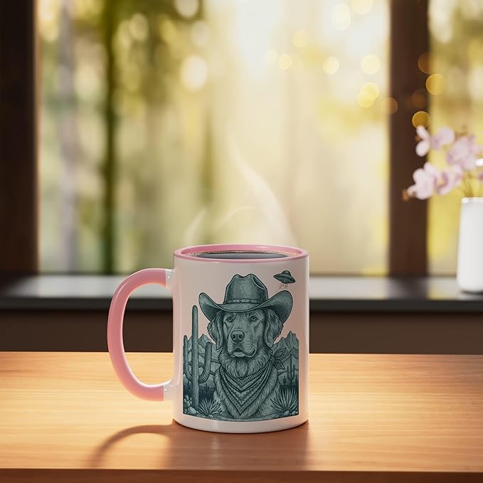 Cowboy Golden Retriever With Ufo Western Dog Art Ceramic Mug, Pink/White