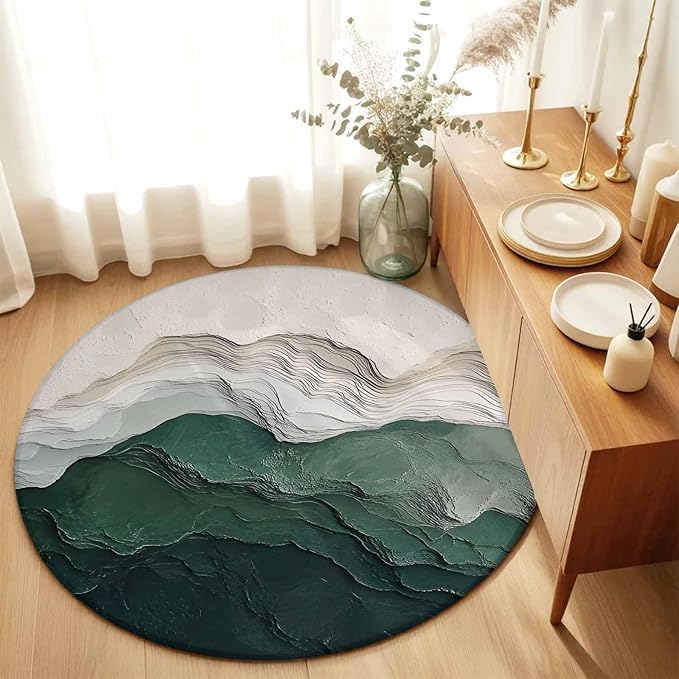 Washable Round Area Rug Rustic Green Gray White Mountain Range Circle Rugs Floor Carpet for Living Room Bedroom, Abstract Art Soft Non Slip Round Rug 3ft