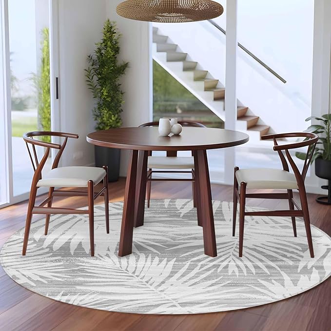 Washable Round Area Rug Modern Gray Palm Leaves Circle Rugs Floor Carpet for Living Room Bedroom, Boho Tropical Leaves Soft Non Slip Round Rug 5ft