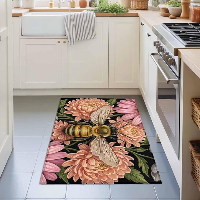 Area Rug 2x3ft, Vintage Honey Gold Bee Pink Flowers Washable Rugs for Living Room Bedroom, Sage Green Leaves Soft Non-Slip Area Rugs Rectangle Floor Carpet for Dining Room