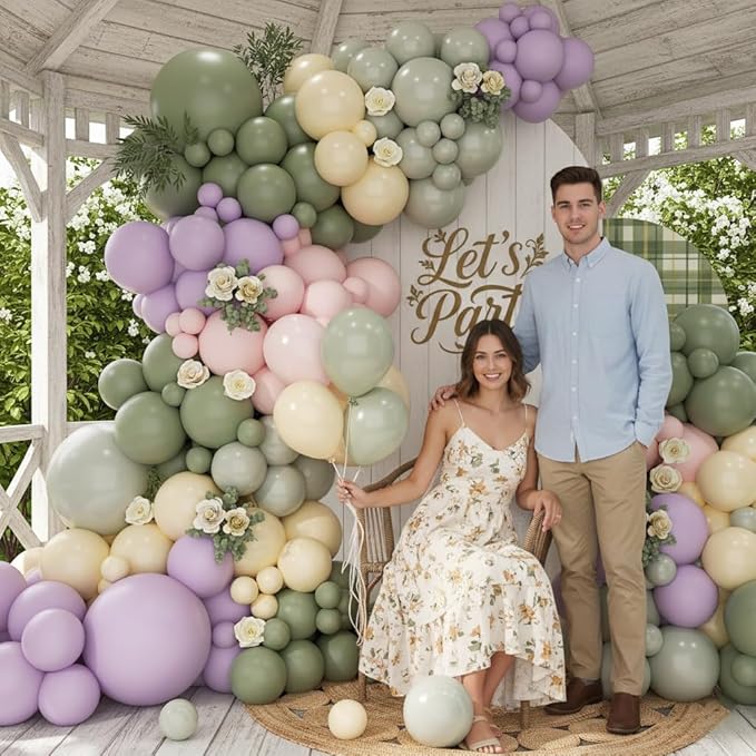 Pastel Balloon Arch Garland Kit 154pcs, Double Stuffed Light Green Sage Green Purple Yellow Macaron Pink Balloons Arch Kit for Wildflower Baby Shower Wedding Birthday Party Decorations
