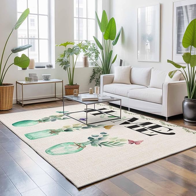 Area Rug 4x6ft, Rustic Home Text Eucalyptus Leaf Washable Rugs for Living Room Bedroom, Farmhouse Butterfly Retro Linen Soft Non-Slip Area Rugs Rectangle Floor Carpet for Dining Room