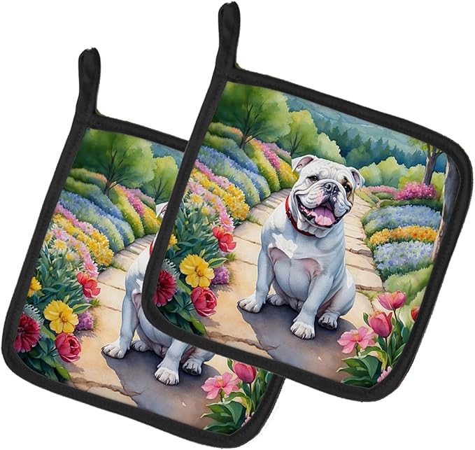 Caroline's Treasures English Bulldog Spring Path Pair of Pot Holders Kitchen Heat Resistant Pot Holders Sets Oven Hot Pads for Cooking Baking BBQ, 7 1/2 x 7 1/2