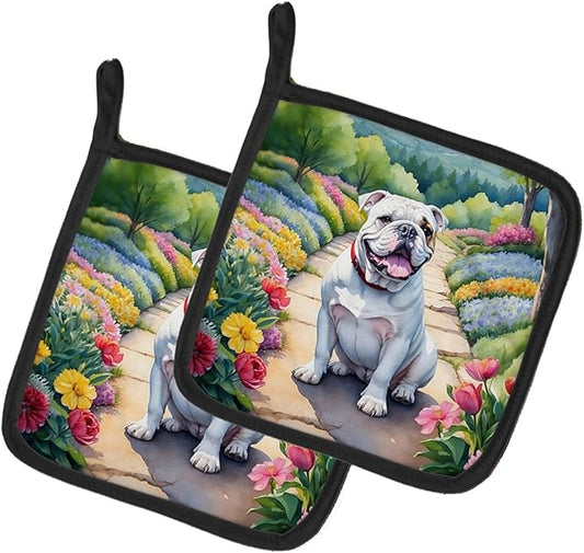 Caroline's Treasures English Bulldog Spring Path Pair of Pot Holders Kitchen Heat Resistant Pot Holders Sets Oven Hot Pads for Cooking Baking BBQ, 7 1/2 x 7 1/2