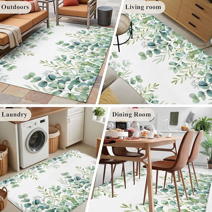 Sage Green Eucalyptus Leaves 2.7x5 Area Rugs, Farmhouse Botanical Non-Skid Rubber Backing Large Rectangle Rugs - Living Room Bedroom Home Office, Country Indoor Floor Mat Carpets Washable Rug
