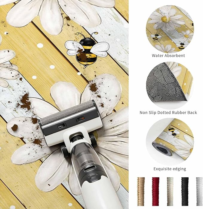 Washable Round Area Rug Summer Rustic Daisy Flower Bee Circle Rugs Floor Carpet for Living Room Bedroom, Blossom Floral Yellow Wooden Soft Non Slip Round Rug 5ft