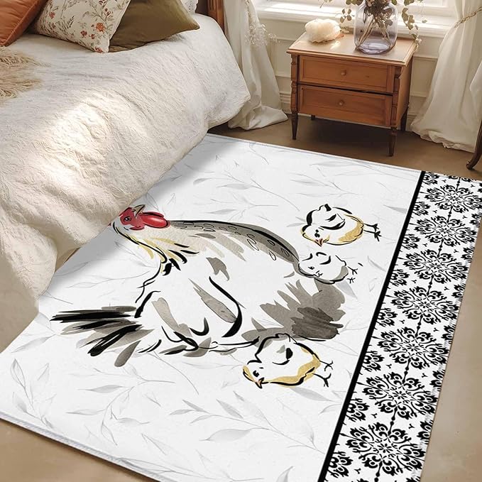 Area Rug 4x6ft, Country Farmhouse Rooster Washable Rugs for Living Room Bedroom, Watercolor Animal Flower Pattern Soft Non-Slip Area Rugs Rectangle Floor Carpet for Dining Room