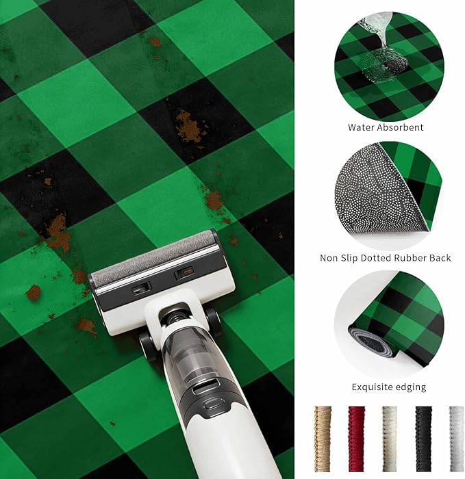 Runner Rug for Bedroom Hallway, St. Patrick's Day Lucky Green Black Plaid Kitchen Runner Rugs Area Rug 2x6ft, Buffalo Lattice Washable Soft Floor Carpet for Entryway Stair