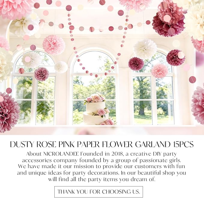 NICROLANDEE 15PCS Dusty Rose Blush Pink Tissue Pom Poms Flowers for Wedding, Bridal Shower, Sweet Birthday, Baby Shower, Engagement, Bachelorettes, Valentine Pink Party Decorations Paper Garland