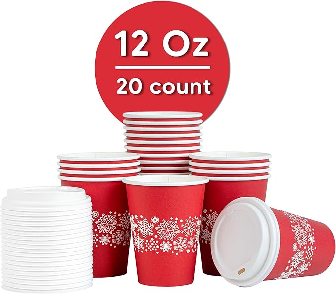 Restaurantware-Restpresso 12 Ounce Disposable Drinking Cups, 20 Hot Cups With Plastic Lids - Snowflake Design, Rolled Rim, Red Paper Coffee Cups, For Christmas Parties, Serve Hot And Cold Drinks