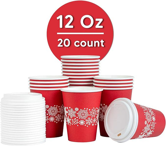 Restaurantware-Restpresso 12 Ounce Disposable Drinking Cups, 20 Hot Cups With Plastic Lids - Snowflake Design, Rolled Rim, Red Paper Coffee Cups, For Christmas Parties, Serve Hot And Cold Drinks