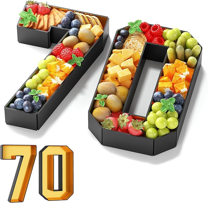 70 Cardboard Numbers for Charcuterie Fillable 13.8'' Black Gold Paper Mache Number Shaped Cupcake Pans Board Box Trays Container for Food Candy 70th Birthday Party Decorations Anniversary