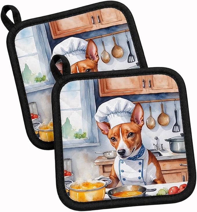 Caroline's Treasures Basenji The Chef Pair of Pot Holders Kitchen Heat Resistant Pot Holders Sets Oven Hot Pads for Cooking Baking BBQ, 7 1/2 x 7 1/2