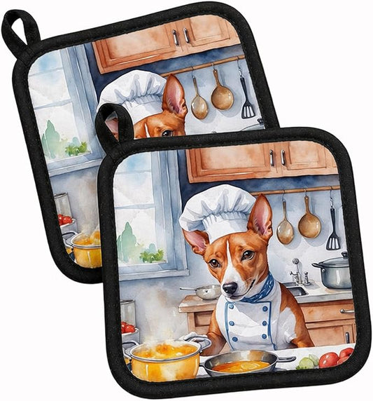 Caroline's Treasures Basenji The Chef Pair of Pot Holders Kitchen Heat Resistant Pot Holders Sets Oven Hot Pads for Cooking Baking BBQ, 7 1/2 x 7 1/2
