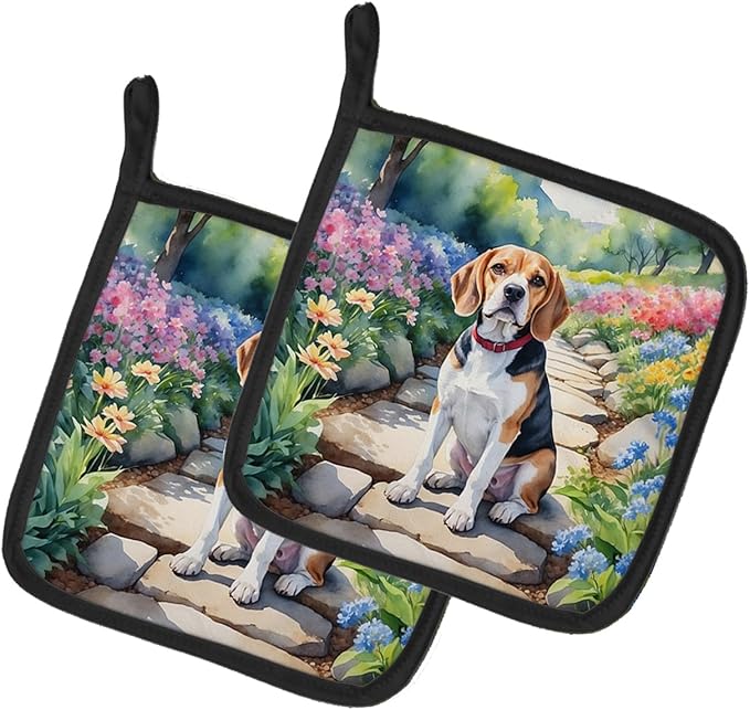 Caroline's Treasures Beagle Spring Garden Pair of Pot Holders Kitchen Heat Resistant Pot Holders Sets Oven Hot Pads for Cooking Baking BBQ, 7 1/2 x 7 1/2