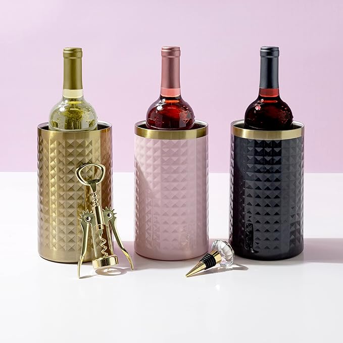 Paris Hilton Wine Bottle Chiller Set, Insulated Double Wall Chiller, Gold Winged Corkscrew Wine Bottle Opener, Diamond Wine Stopper, 3-Piece Set, Pink