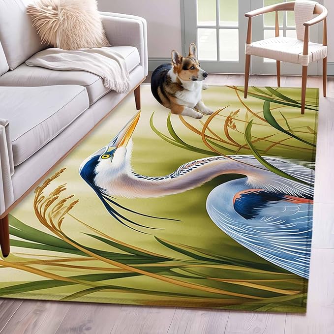 Area Rug 4x6ft, Natural Bird Wetland Landscape Washable Rugs for Living Room Bedroom, Wild Heron Grass Soft Non-Slip Area Rugs Rectangle Floor Carpet for Dining Room