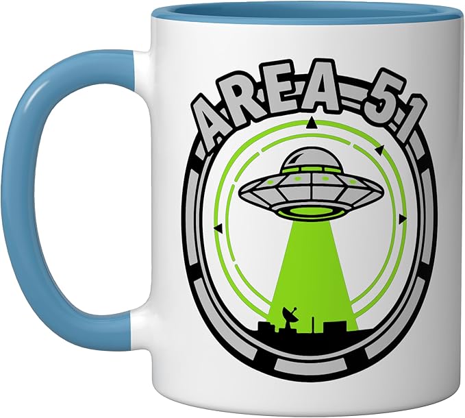 Area 51 UFO Alien Conspiracy Flying Saucer Design Ceramic Mug, Blue/White