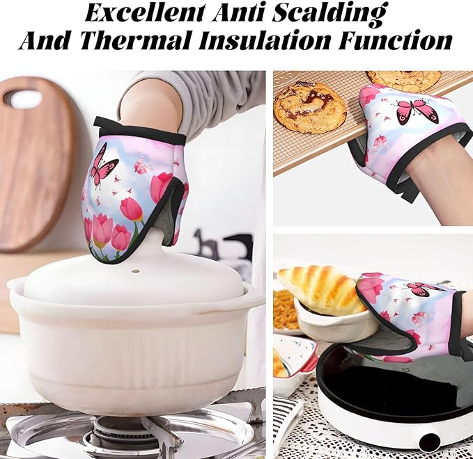 2 Pcs Mini Silicone Oven Mitts Mother's Day Tulips Heat Resistant Grill Gloves with Hanging Loop, Pink Butterflies Little Kitchen Mittens for Cooking Baking BBQ