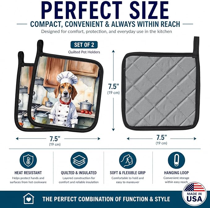 Caroline's Treasures English Foxhound The Chef Pair of Pot Holders Kitchen Heat Resistant Pot Holders Sets Oven Hot Pads for Cooking Baking BBQ, 7 1/2 x 7 1/2