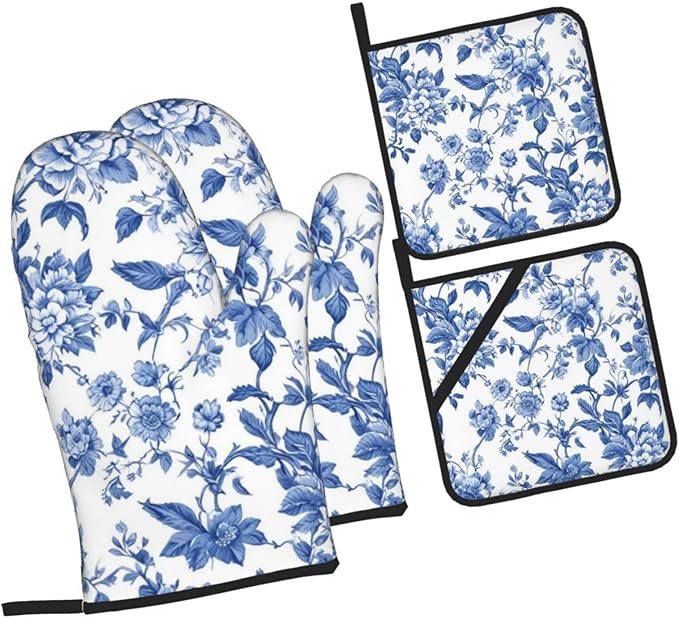 4 Pcs Blue and White Flower Oven Mitts and Potholders,Kitchen Oven Glove with Pot Holders,Non-Slip Gloves High Heat Resistant 500 Degree for BBQ, Grill, Baking, Cooking, Oven, Microwave