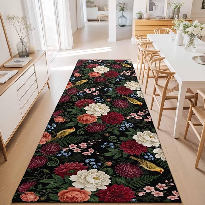 Runner Rug for Bedroom Hallway, Pastoral Colorful Flower Leaf Kitchen Runner Rugs Area Rug 2x6ft, Country Blossom Floral Bird Washable Soft Floor Carpet for Entryway Stair