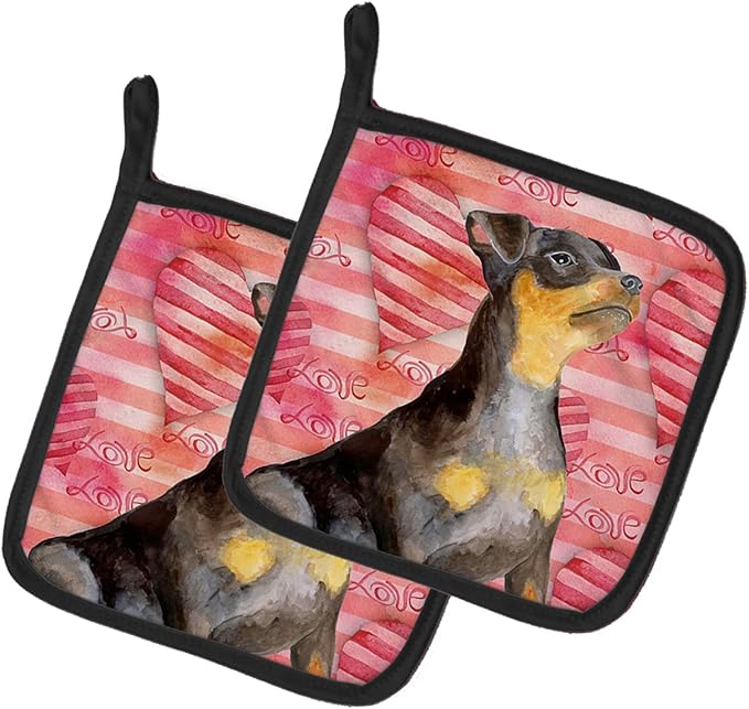 Caroline's Treasures BB9811PTHD Miniature Pinscher #2 Love Pair of Pot Holders, Red Kitchen Heat Resistant Pot Holders Sets Oven Hot Pads for Cooking Baking BBQ, 7 1/2 x 7 1/2