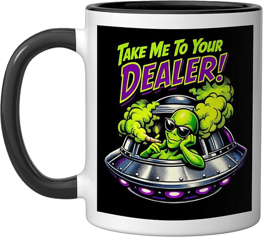 420 Take Me To Your Cannabis Weed Stoner Sc-Fi Alien UFO Ceramic Mug, Black/White