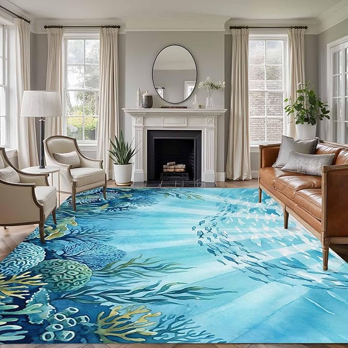 Area Rug 6x9ft, Underwater World Coral Seaweed Washable Rugs for Living Room Bedroom, Seafloor Ocean Life Fish Soft Non-Slip Area Rugs Rectangle Floor Carpet for Dining Room