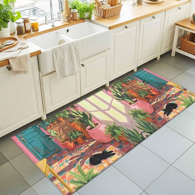 Runner Rug for Bedroom Hallway, Sleeping Cat Pink Sunlit Room Kitchen Runner Rugs Area Rug 2x6ft, Potted Plants Washable Soft Floor Carpet for Entryway Stair