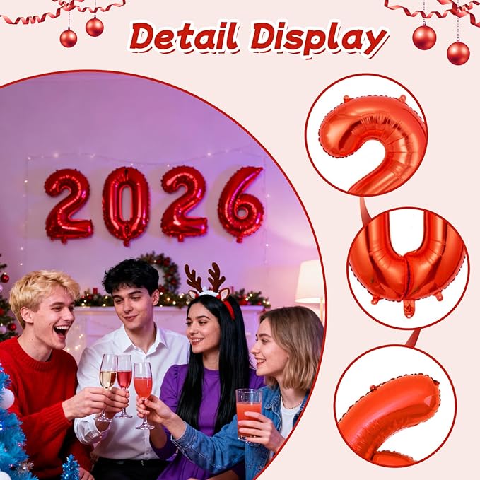 Red 2026 Balloons, Large 32 Inch Foil 2026 Number Balloons, Grad Balloons for Class of 2026 Graduation Party, Red Matellic Foil New Year Birthday Home Office Party Supplies