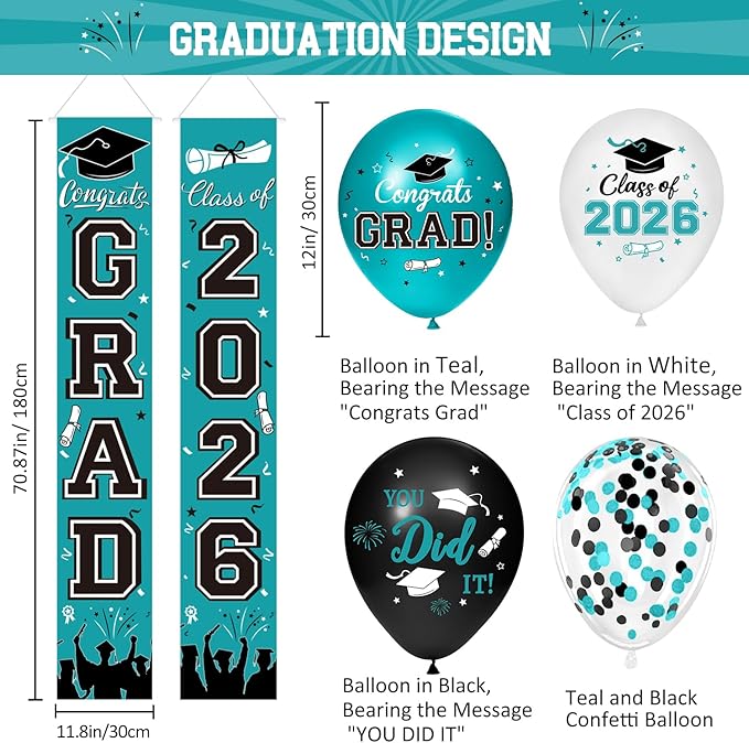 Graduation Teal Decorations 2026 Include Grad Backdrop, Banner, Hanging Swirls, Porch Sign, Balloons for Congrats Grad Party Decorations