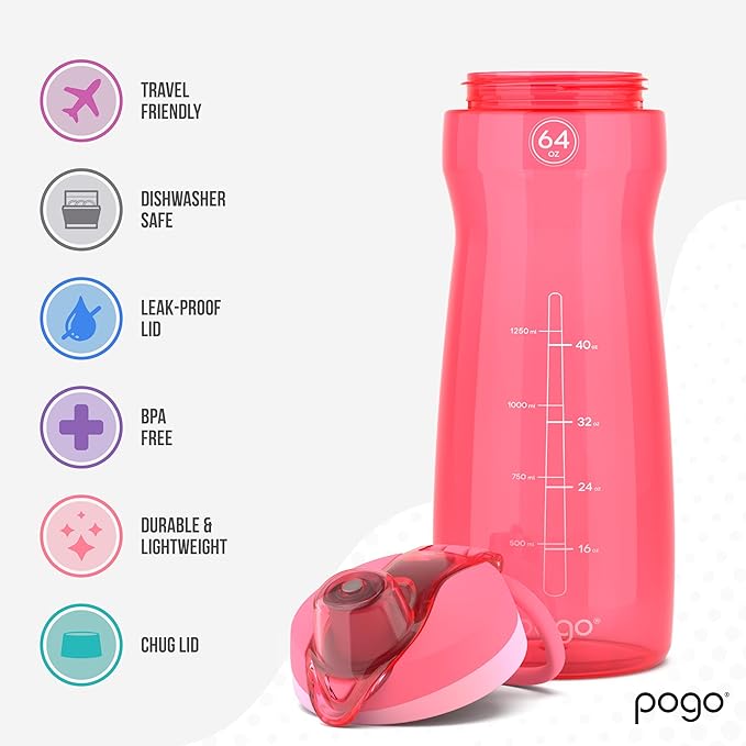 Pogo Plastic Water Bottle with Chug Lid and Carry Handle, Reusable, BPA Free, Dishwasher Safe, Perfect for Travel, School, Outdoors, and Gym | 18oz, 32oz, 40oz, 64oz