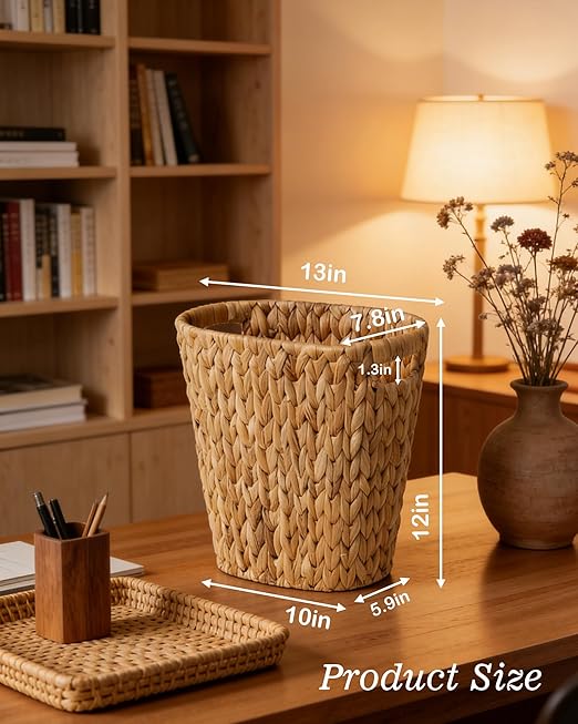 2 Pack Handwoven Water Hyacinth Trash Can - Natural Wicker Waste Basket with Wooden Handles, Slim Oval Design for Bathroom, Bedroom, Office (13"x7.5"x12") | Eco-Friendly & Space-Saving Storage Bin (2)