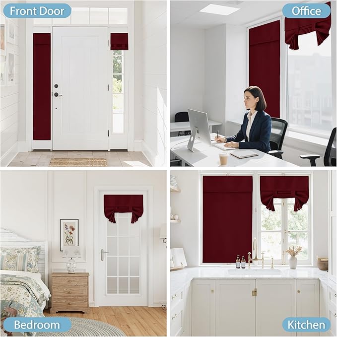 RYB HOME Blackout French Door Curtain - Privacy Thermal Insulated Window Shades for Patio Kitchen Front Entry Back Door Glass Window, Self Adhesive No Drill, 1 Panel, 26" W x 72" L, Burgundy Red