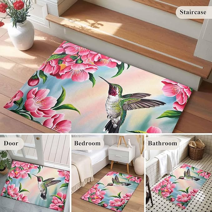 Area Rug 2x3ft, Hummingbird Flower Peach Blossom Washable Rugs for Living Room Bedroom, Nature Oil Painting Art Soft Non-Slip Area Rugs Rectangle Floor Carpet for Dining Room